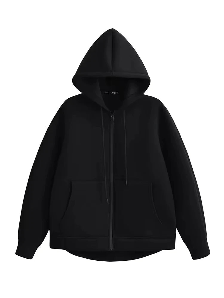 Women's Oversized Zipper Hoodie Jacket with Double Pockets - Casual Autumn/Winter Coat