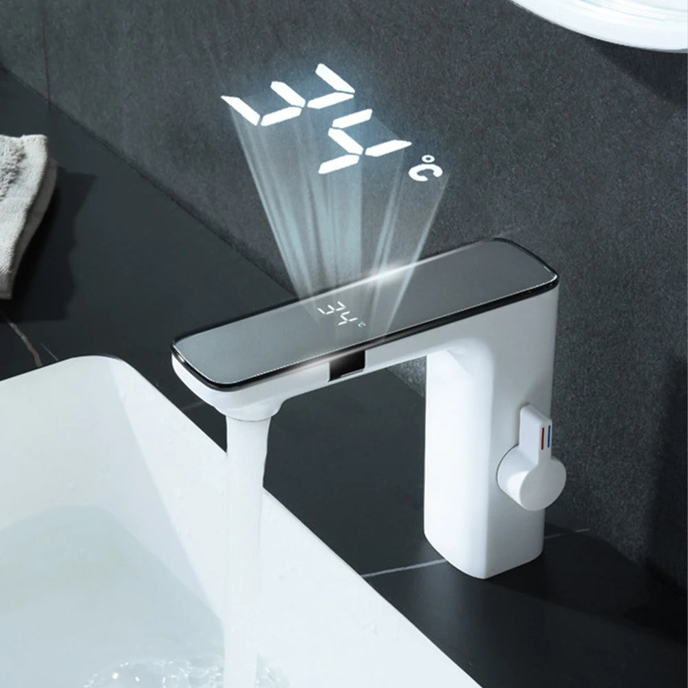 White Deck-Mount Bathroom Basin Faucet - Single-Handle Hot & Cold Mixer with Ceramic Valve