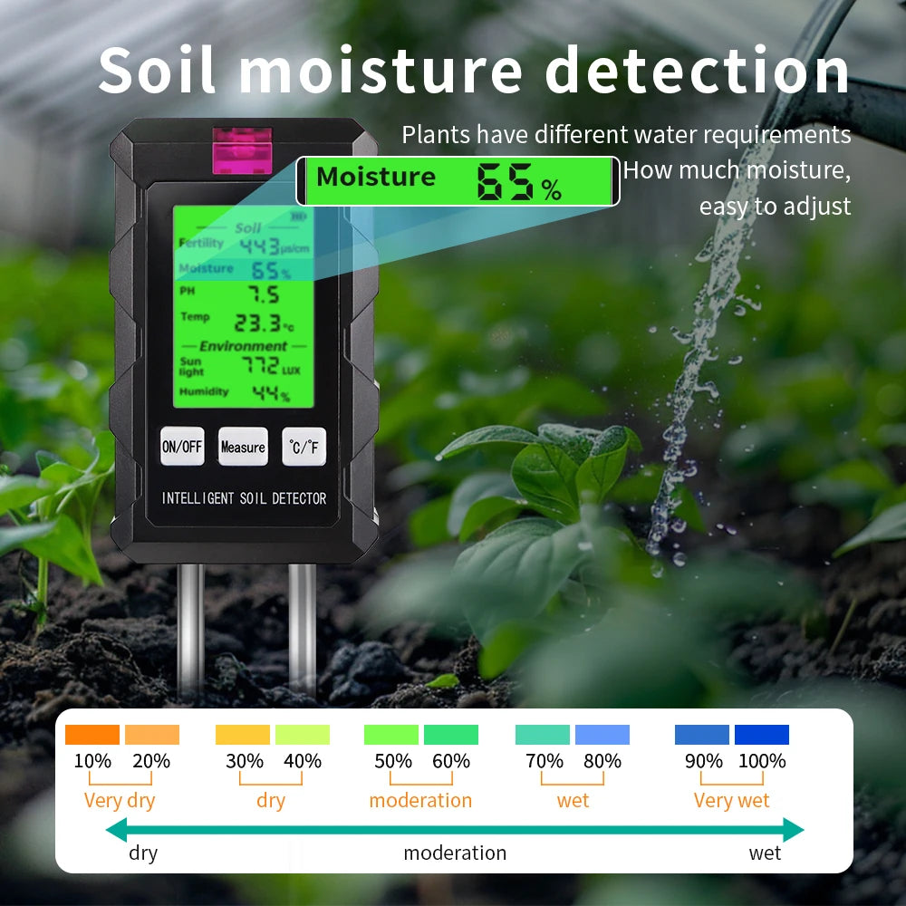 6-in-1 Soil Tester pH Moisture Light Temperature Humidity Nutrient Meter for Garden & Pots