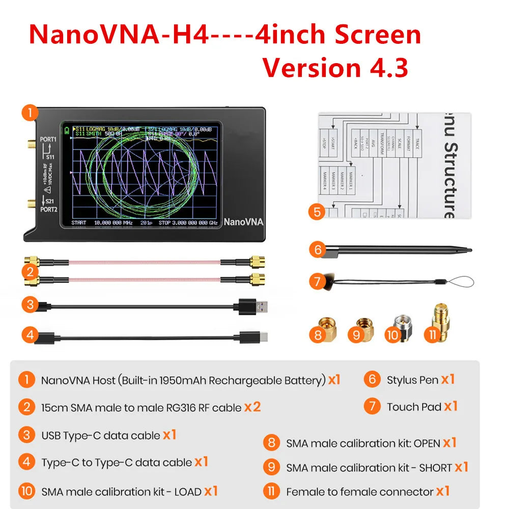 Handheld Vector Network Analyzer 4 in (10.0 cm) 10 kHz–1.5 GHz Antenna Analyzer with SD Card Slot
