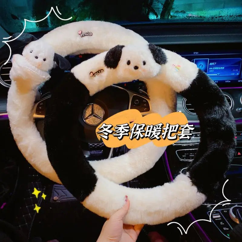 Kawaii Cute Dog Cartoon Steering Wheel Cover 15 in (38 cm) Plush Anti-Slip Warm Car Interior Accessory