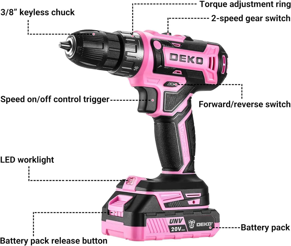 Pink Cordless Drill 20V 1.5Ah Electric Drill Set - Compact Lightweight Power Drill with Battery, Charger & Bits for Women