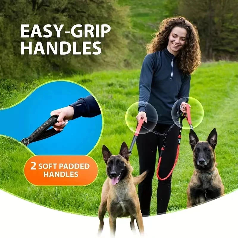 Dual Dog Leash Coupler - Padded Handles No-Tangle Bungee No-Pull Leash with 360° Swivel & Reflective Trim