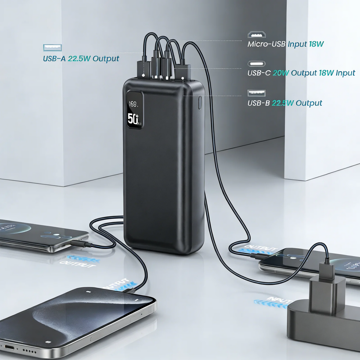 50000mAh 22.5W Power Bank PD Fast Charging Portable Charger – Triple-Port External Battery for iPhone iPad Xiaomi