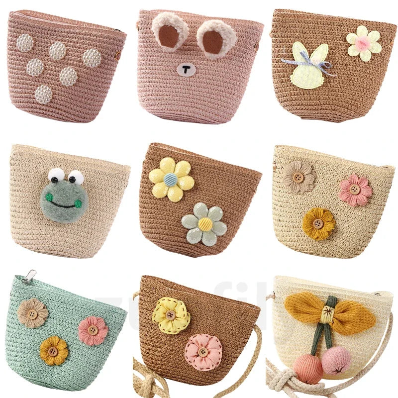 Girls Daisy Straw Mini Messenger Bag, Kids Shoulder Handbag with Coin Purse