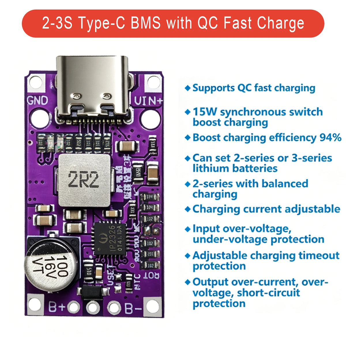 Type-C USB 2S/3S 15W Li-ion BMS Charging Module 8.4V/12.6V Balanced Fast Charge Boost Board for DIY Charger PCB