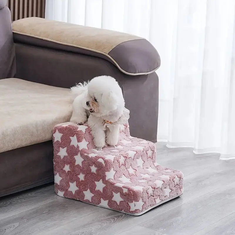Dog Ramp & Puppy Stairs – Waterproof Anti-Bite Pet Ladder with Detachable Washable PU Cover, Sponge Cushion, Cartoon Pattern