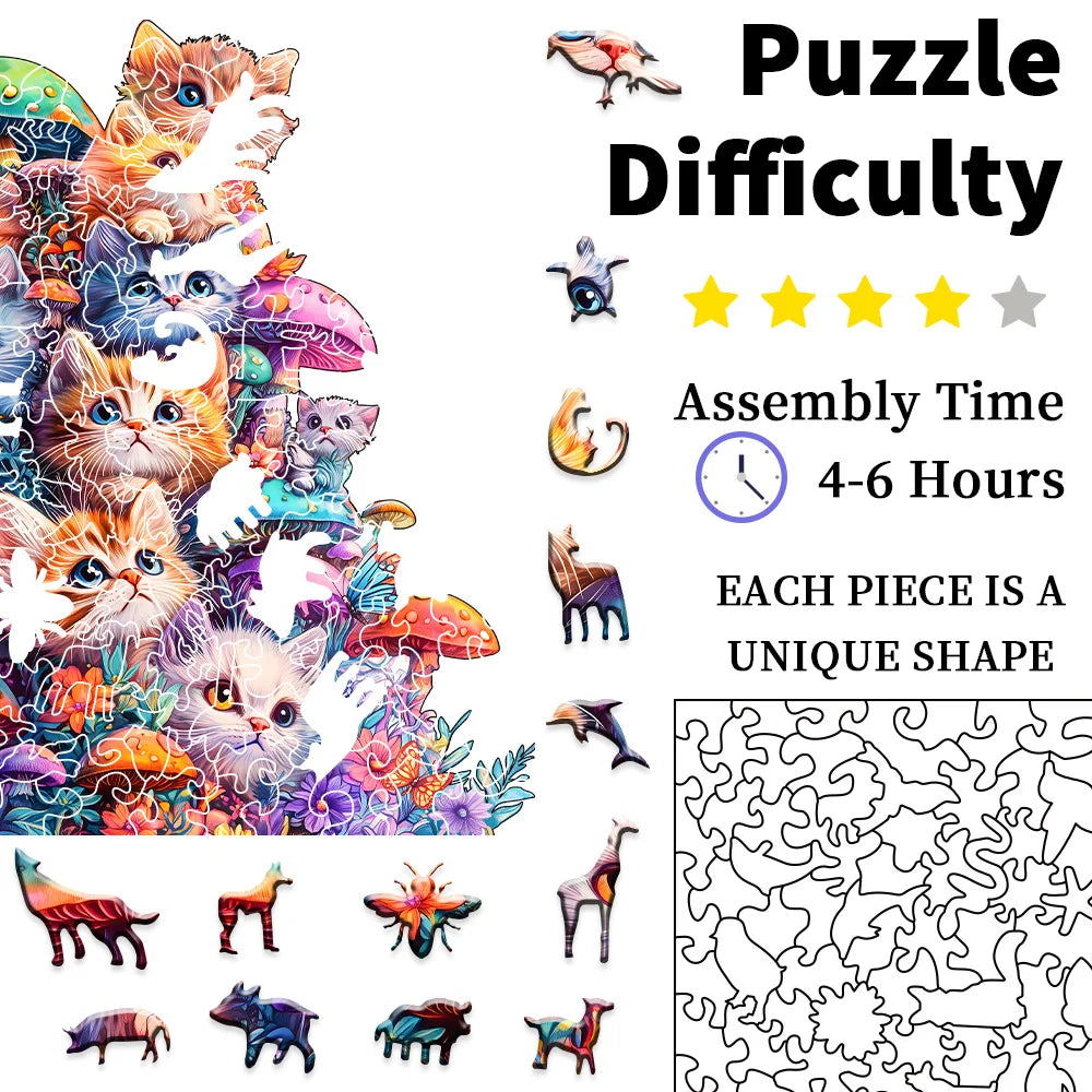 Adult Wooden Jigsaw Puzzle Mushroom Cat Irregular Shape Gift for Puzzle Lovers