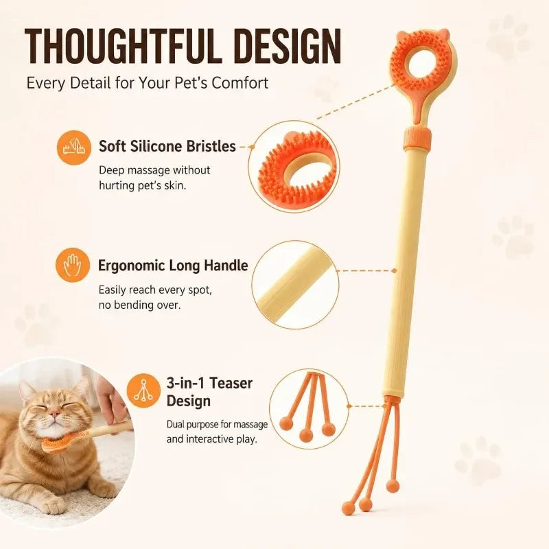 3-in-1 Retractable Cat Grooming Brush & Teaser Wand - Dual-Sided Massager for Cats & Kittens