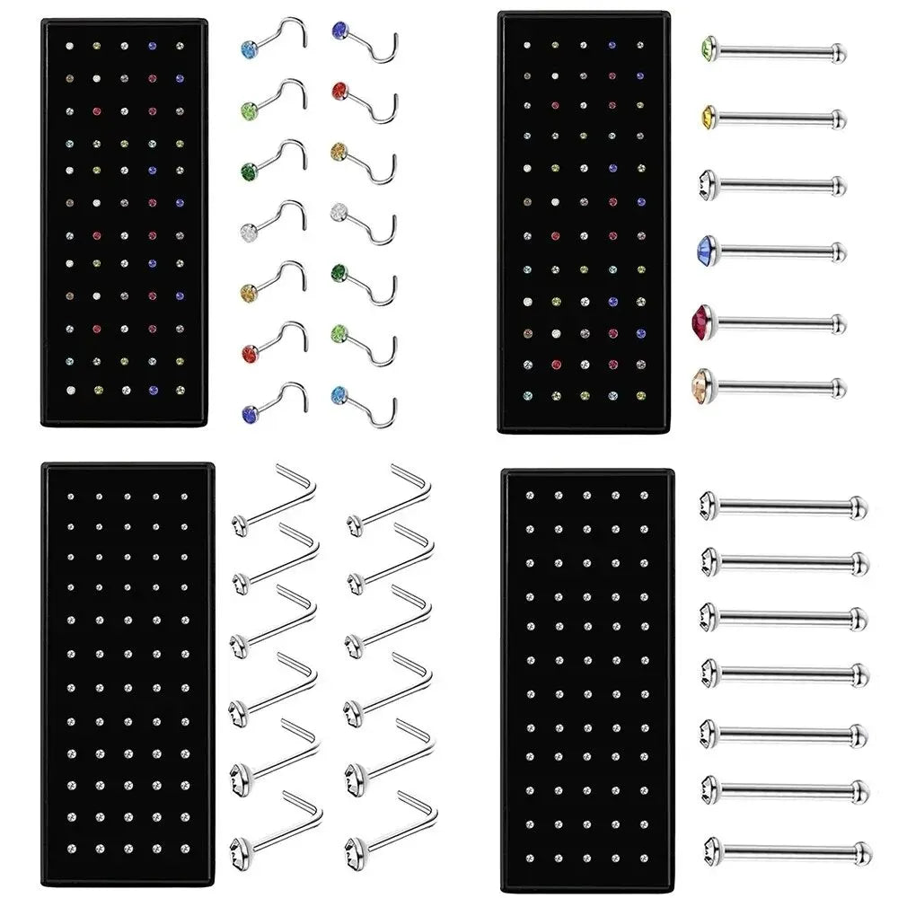 40/60-Piece Crystal 316L Stainless Steel Nose Piercing Kit - Straight L Studs & Helix Body Jewelry