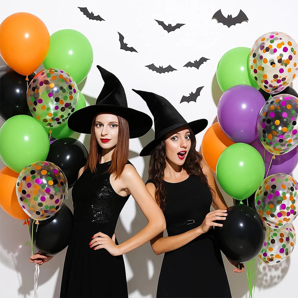 50-Pack Halloween Balloon Set – Matte Black, Orange & Purple with Metallic Confetti