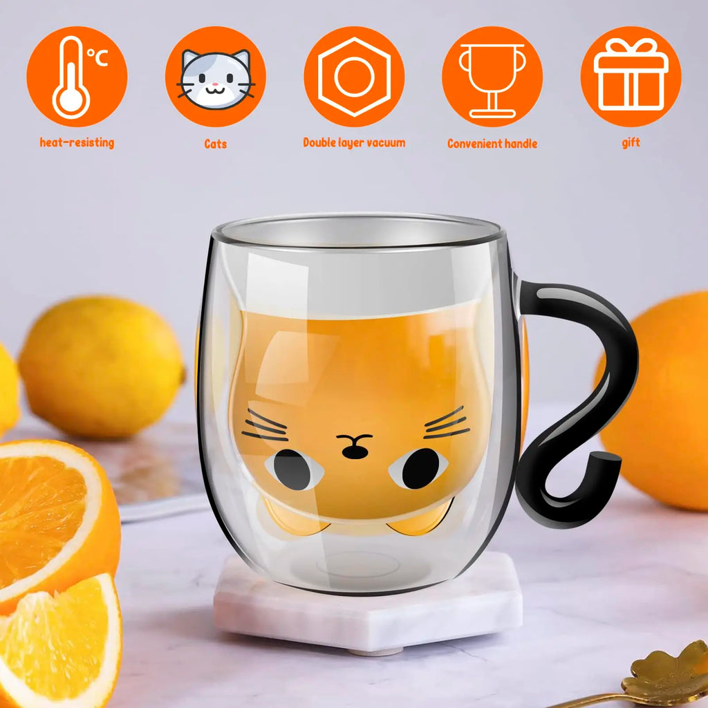 Cute Cat Double-Wall Insulated Glass Coffee Mug with Handle, Cartoon Couple Teacup for Home & Office