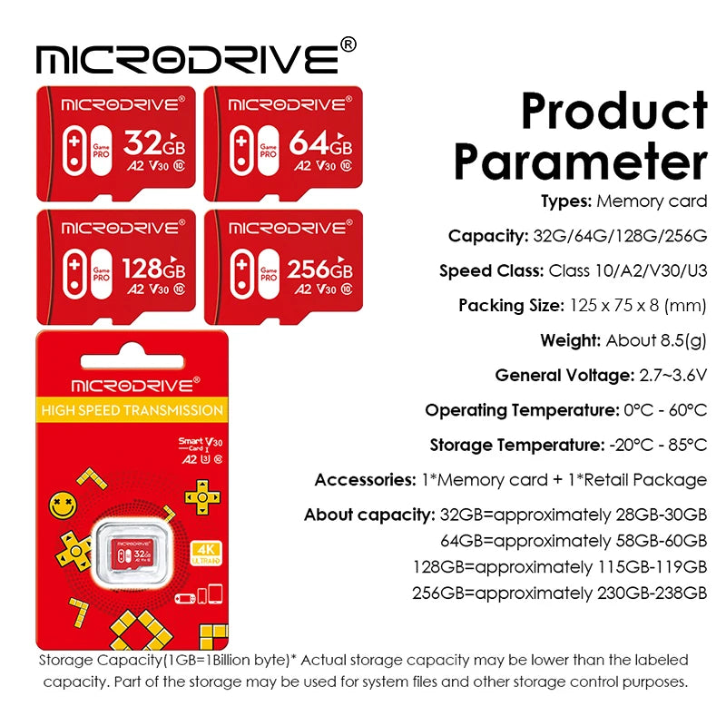 High-Speed microSDXC Memory Card 32/64/128/256GB U3 A1 for Phone, Camera, Tablet, Drone