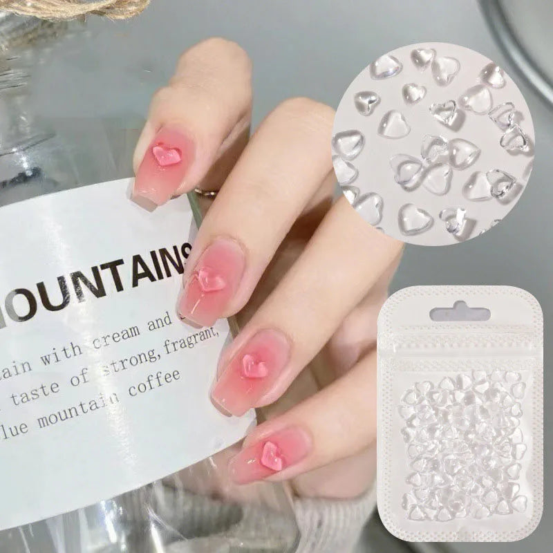 100pc Transparent Love Heart Nail Charms – Clear Resin Rhinestones for Nail Art & Manicure Accessories
