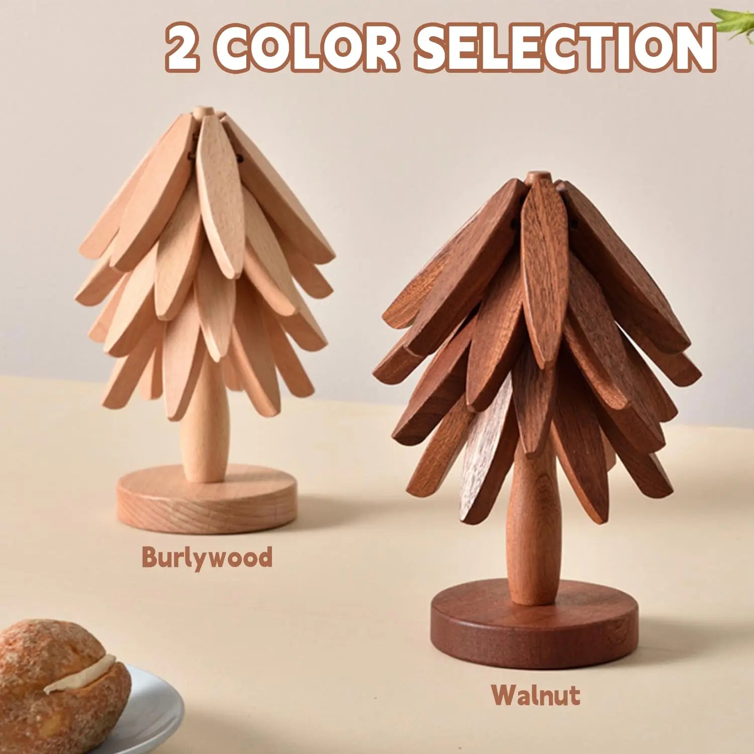 Tree-Shaped Wooden Trivet Set – 4 Foldable Trivets + Stand | Natural Wood Hot Pads for Pots, Teapots & Bowls