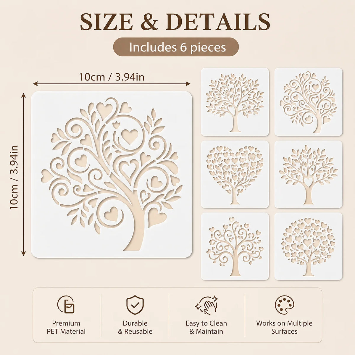 6-Pack 3.9 x 3.9 in (10 x 10 cm) Tree of Life Reusable PET Stencil Set, DIY Painting Craft Templates for Wall, Wood, Fabric