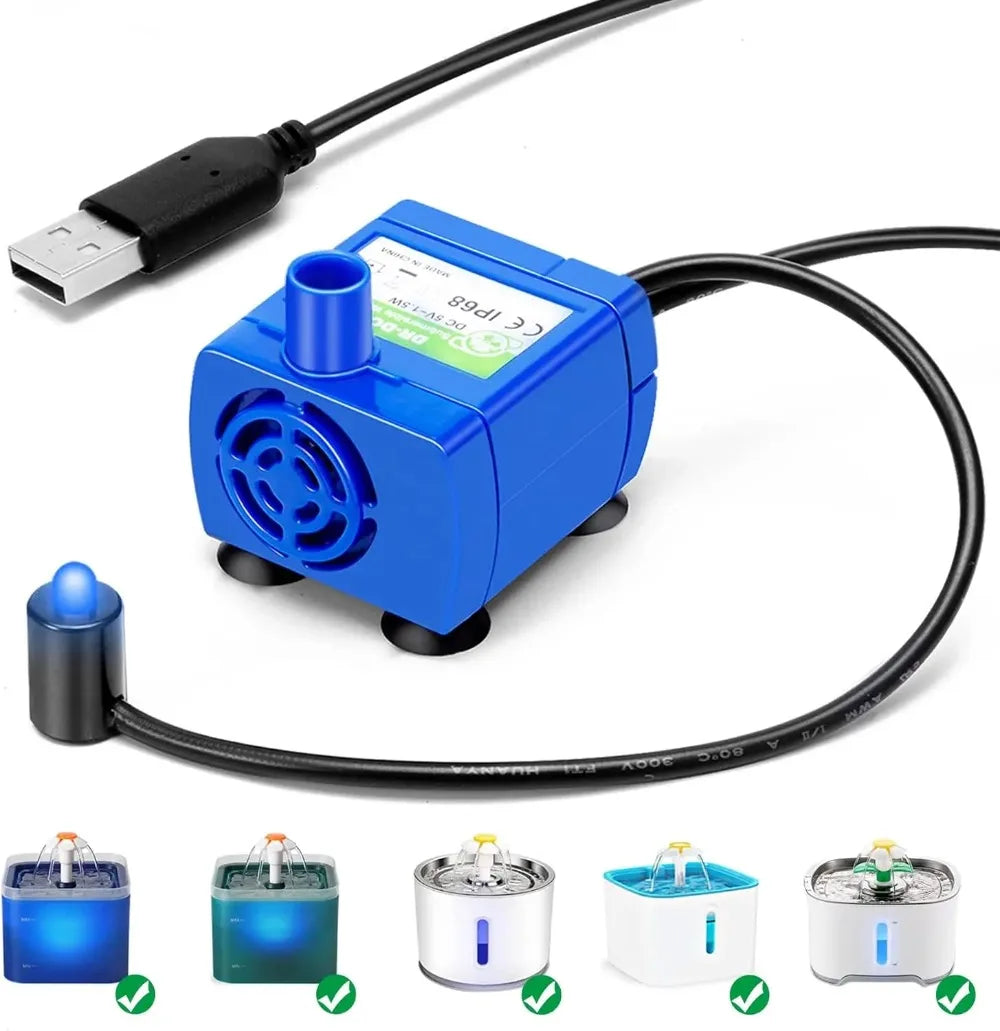 LED Cat Fountain Pump Replacement – DC 5V 1.5W USB Ultra-Quiet Waterproof Motor with 6ft (1.83m) Cable & Suction Cups
