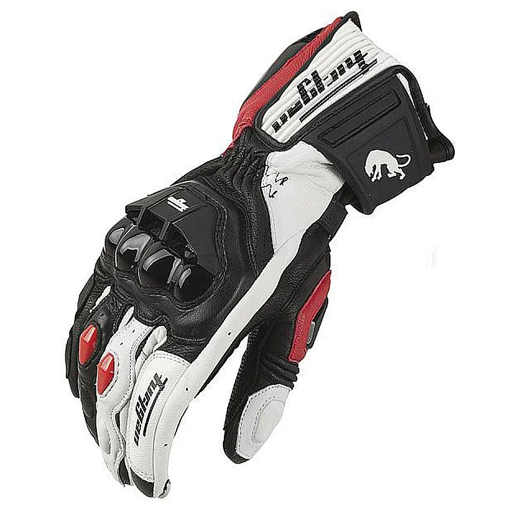 Unisex Leather Motorcycle Riding Gloves - Racing Motorbike Gloves with Protective Padding, Adjustable Strap - Black/White/Red
