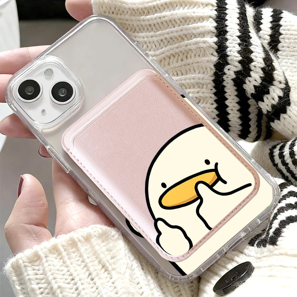 Cartoon Duck MagSafe-Compatible Clear Phone Case with Magnetic Leather Card Holder
