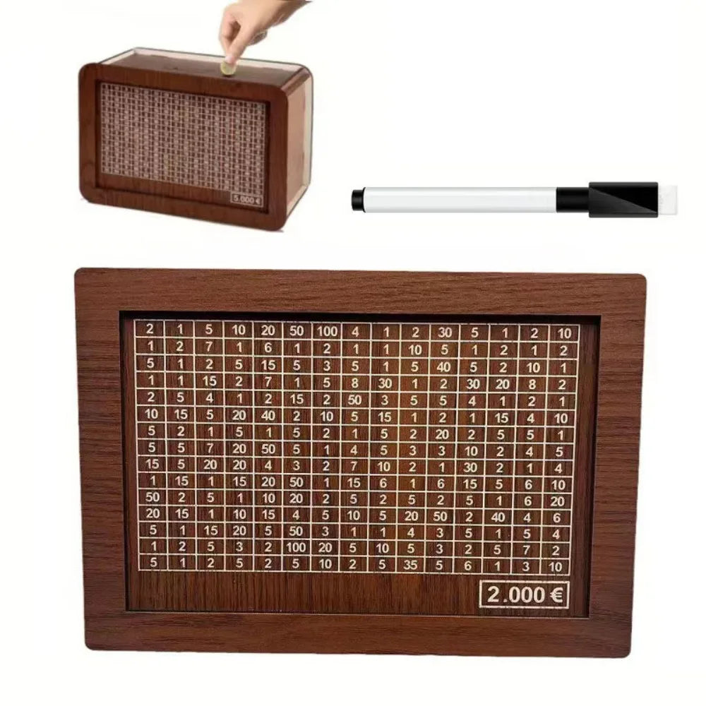 Wooden Piggy Bank Money Box – Reusable Cash Vault for Kids, Euro Savings Challenge (1,000 / 3,000 / 5,000 / 10,000 €)
