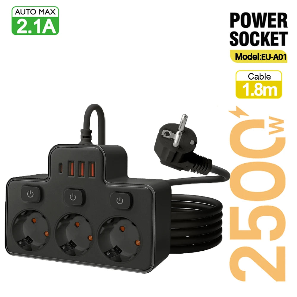 EU Wall-Mounted Power Strip — 3 AC Outlets + 4 USB Ports, Independent Switches, 0.5 m (20 in) Cord