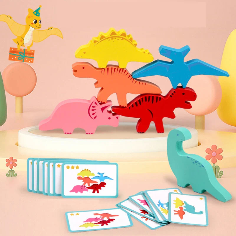 Wooden Dinosaur Stacking Balance Game, Colorful Animal Stacking Blocks Educational Toy for Kids Ages 3+
