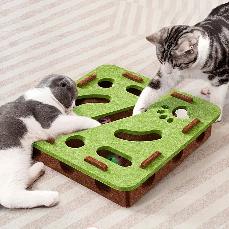 Interactive Felt Cat Puzzle Toy Box with Maze Tunnel and Bell Ball – Indoor Cat Entertainment