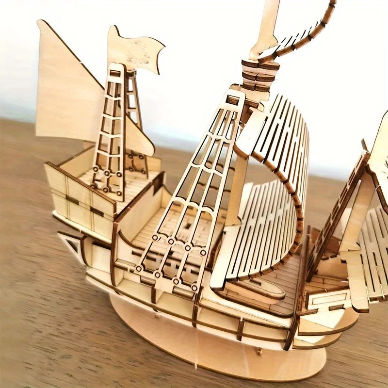 DIY 3D Wooden Mechanical Puzzle Kit - Buildable Ship Model Ornament, Handmade Assembly Game, Christmas Gift