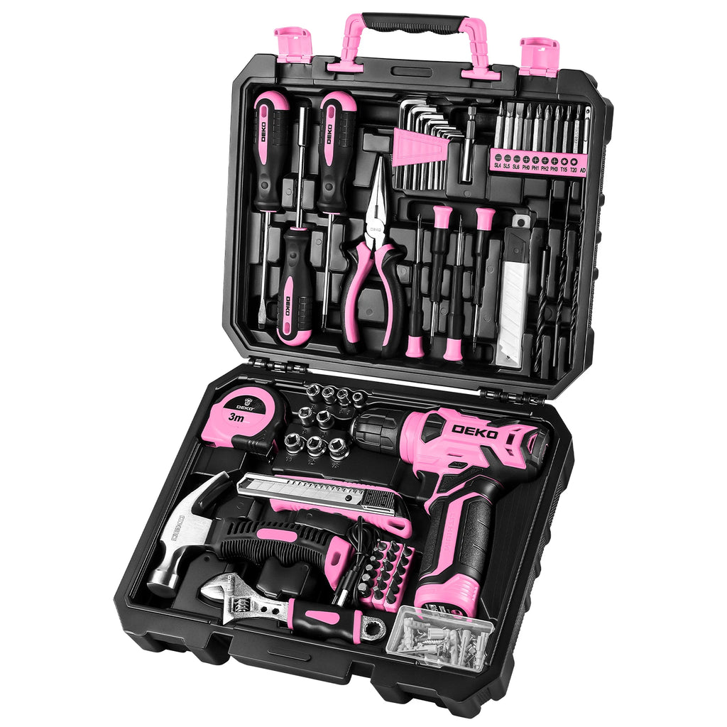 126-Piece Cordless Power Tool Combo Kit — 8V Drill with 10mm (3/8 in) Keyless Chuck, Home DIY Hand Tool Set (Pink/Yellow)