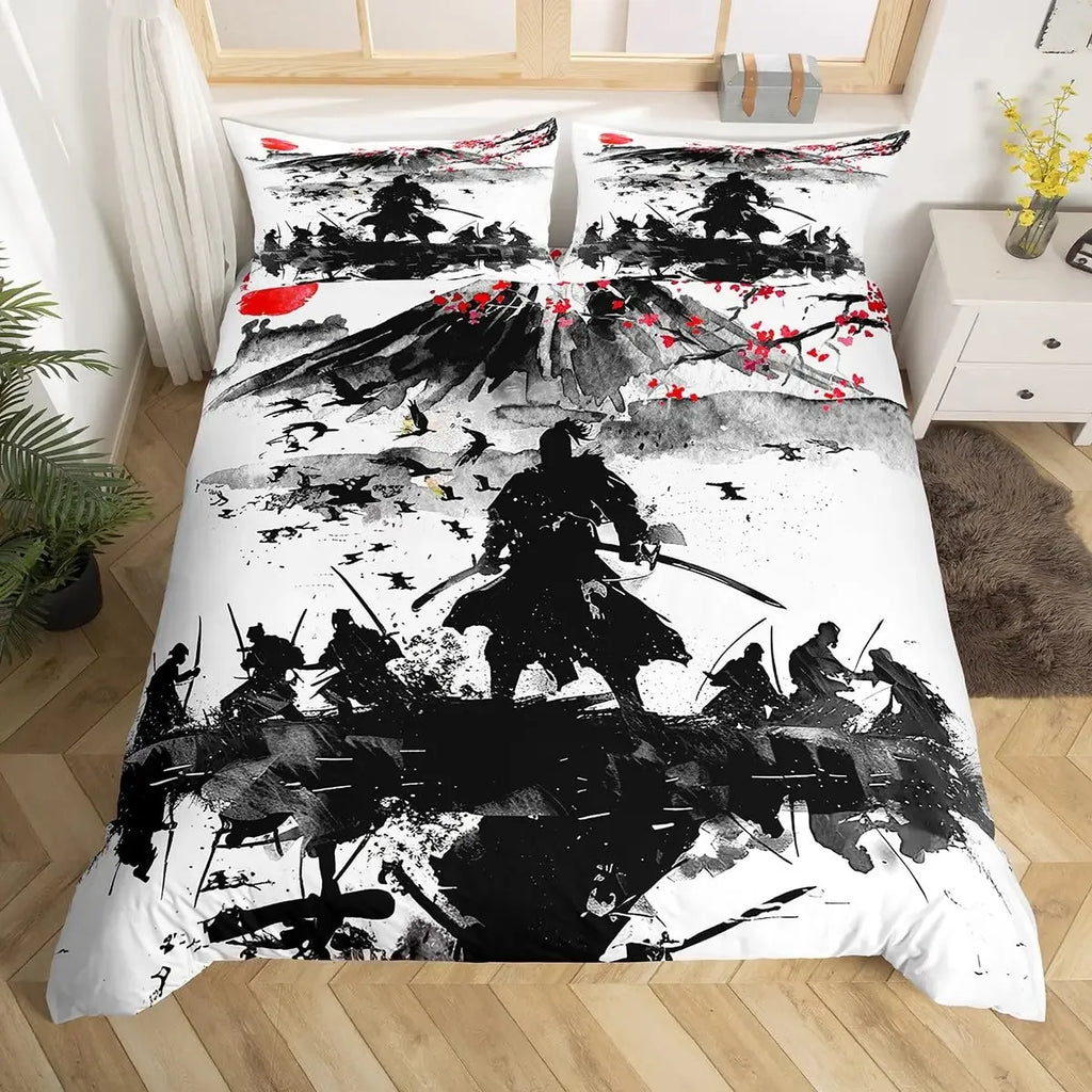 Japanese Samurai Duvet Cover Set 3-Piece - Cherry Blossoms Red Sun & Mount Fuji Print - Multiple Sizes (Twin/Full/Queen/King)