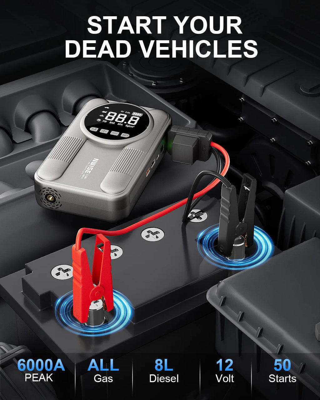 Car Jump Starter with Air Pump – 18,000–20,000mAh 12V Power Bank, 1200A+ Peak, 150 PSI (10.3 bar) Tire Inflator, USB & LED SOS Light