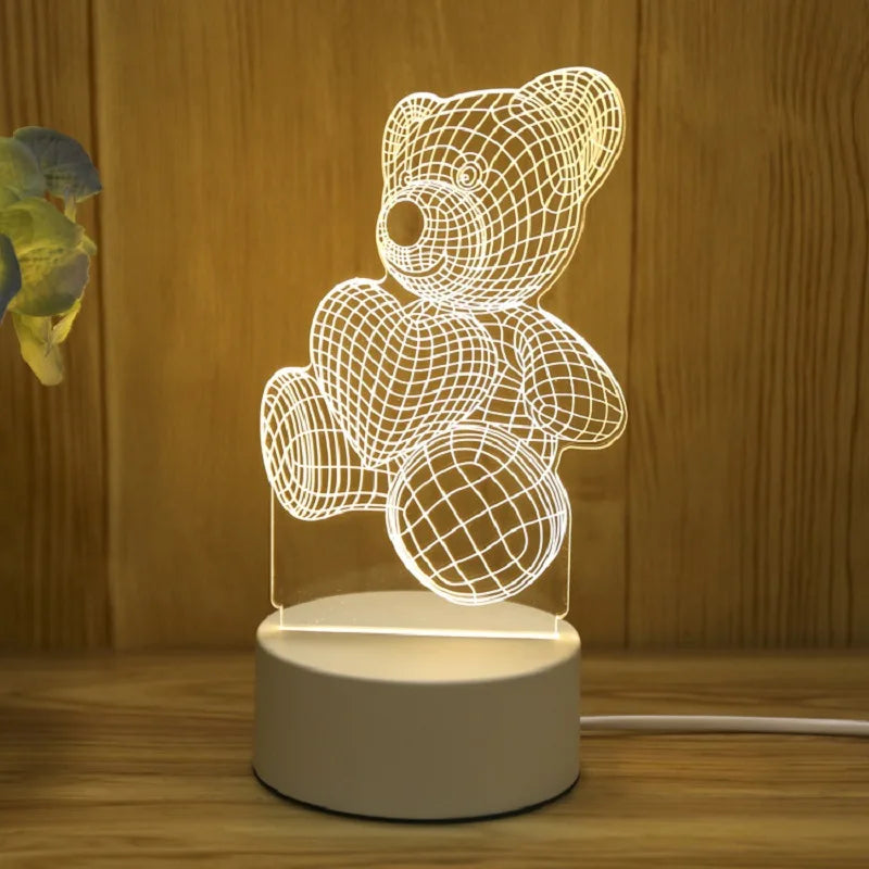 3D Bear LED Night Light Acrylic USB Lamp - Cute Animal Table Lamp for Bedroom, Nursery, Christmas & Gift
