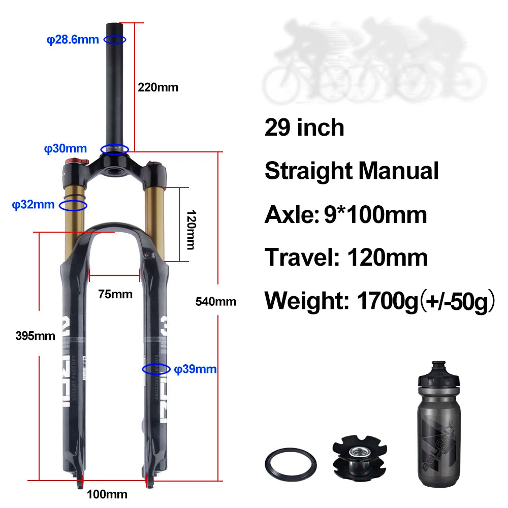 Mountain Bike Air Suspension Fork 26/27.5/29 Inch 100mm Travel (120mm Exposed) Air & Oil Damping Remote Lockout 9mm Axle 32mm Stanchions Disc Brake