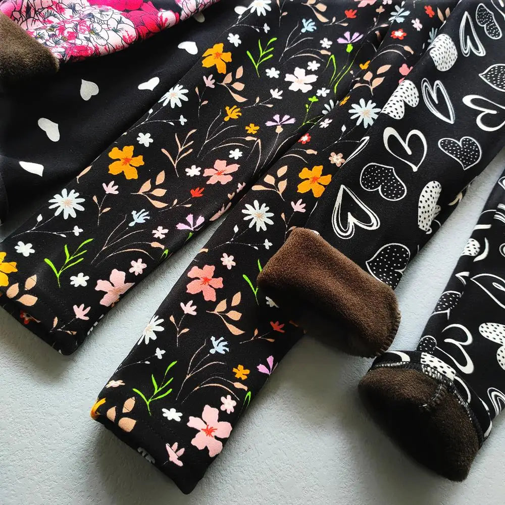 Girls Floral Fleece-Lined Leggings - Thick Warm Winter Pants for Toddlers and Kids (2-11 Years)