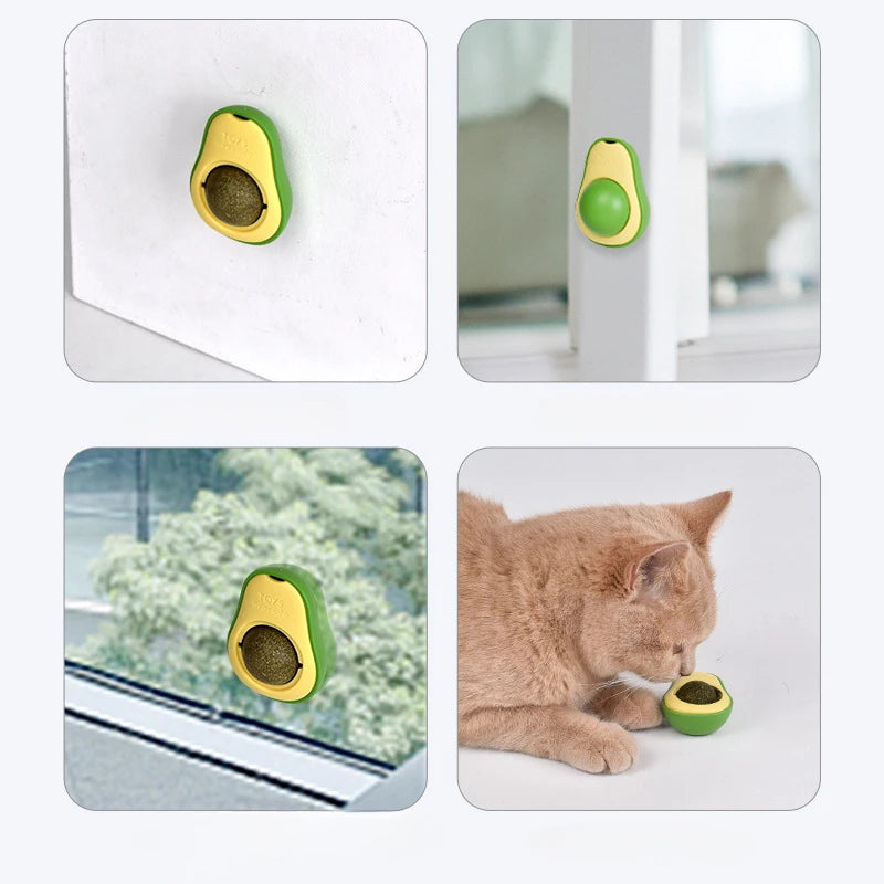 Rotating Stick-On Catnip Ball Toy – Avocado Licking & Teeth-Cleaning Cat Toy, 6 x 4.6 cm (2.36 x 1.81 in)
