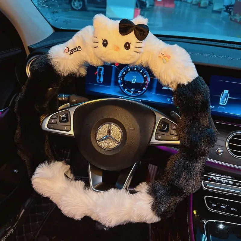 Kawaii Cat Plush Steering Wheel Cover – Winter Warm Soft Car Wheel Cover, Cute Interior Accessory