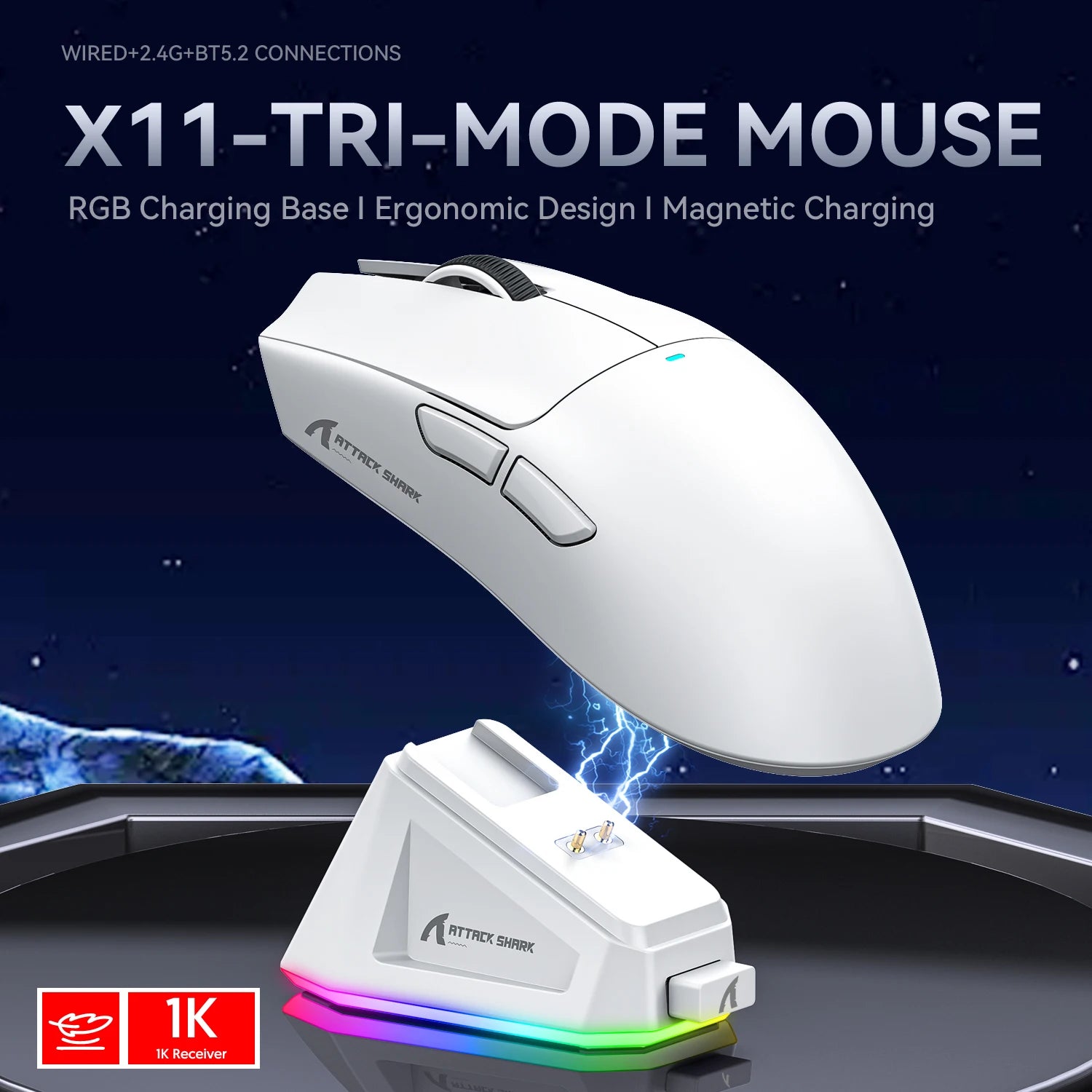 Wireless Gaming Mouse 22,000 DPI, 1000Hz Polling, Tri-Mode Bluetooth/2.4G/USB, Rechargeable with Magnetic RGB Charging Dock, Programmable Macros