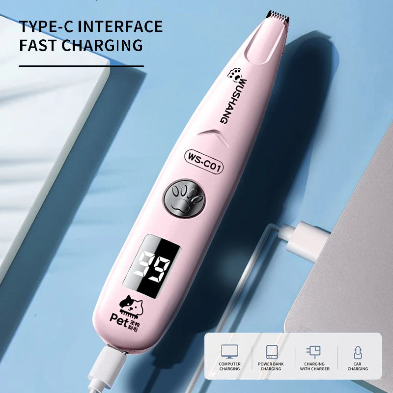 Cordless Pet Grooming Trimmer with LED Light, Waterproof Low-Noise Dog & Cat Paw Face Ear Shaver, Rechargeable