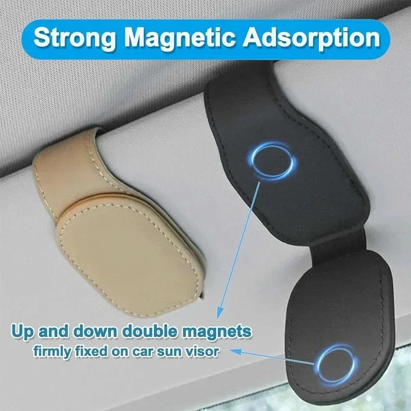 Universal Magnetic Car Sun Visor Sunglasses Holder – PU Leather Eyeglass Clip