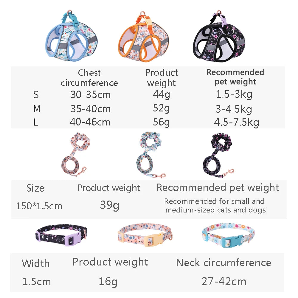 Adjustable Soft Vest Harness & Leash Set for Small & Medium Dogs & Cats – Reflective Printed Puppy Harness with Wrist Leash and Collar