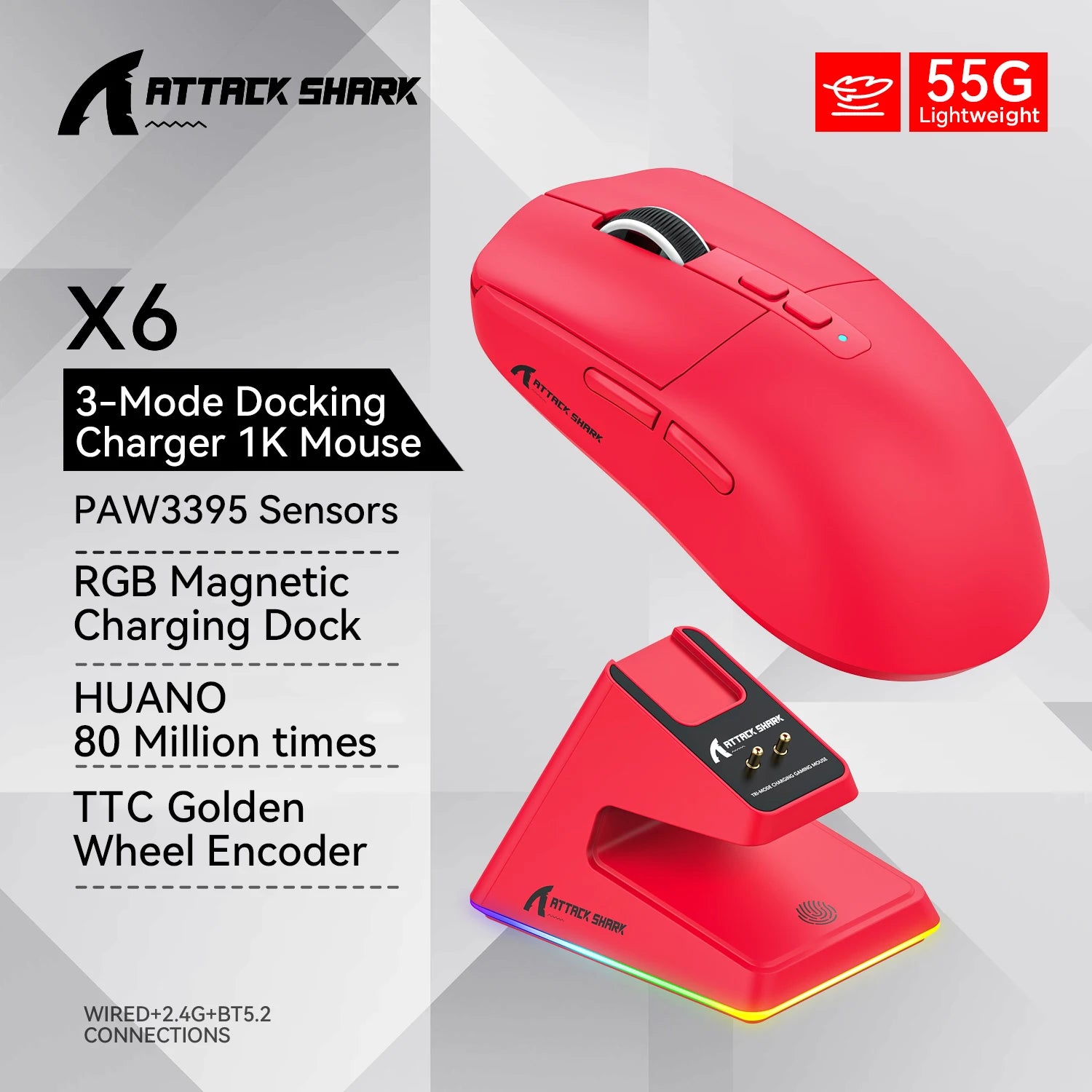 Lightweight Wireless Gaming Mouse 55g – Up to 26,000 DPI RGB Backlight, Charging Dock, 3-Mode Wired/2.4G/BT5.2 for Laptop & Desktop