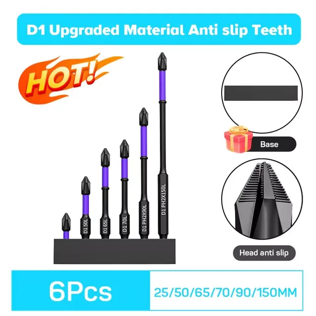 6/12-Piece Magnetic Impact Screwdriver Bit Set — Non-Slip Shockproof Phillips Torsion Bits, 1/4 in (6.35 mm) Hex Shank, Alloy Steel