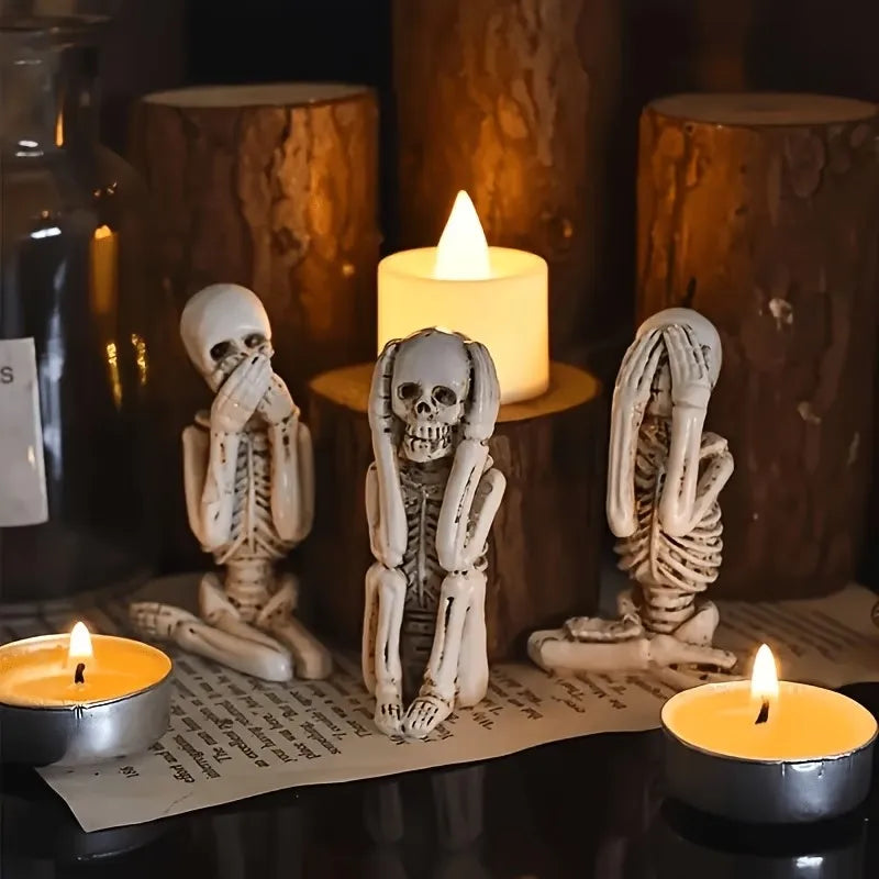 3-Pack Resin Tabletop Skeleton Decorations Art Deco Halloween Skull Figurines for Mantel & Desktop