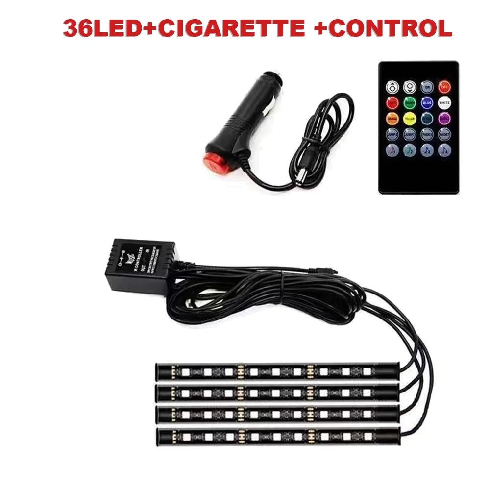 36/48/72 LED RGB Car Interior Footwell Ambient Light Strip USB or Cigarette Lighter Powered Remote, Voice & App Control