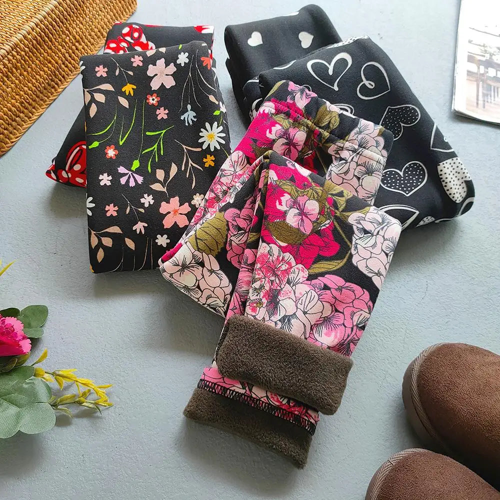 Girls Floral Fleece-Lined Leggings - Thick Warm Winter Pants for Toddlers and Kids (2-11 Years)