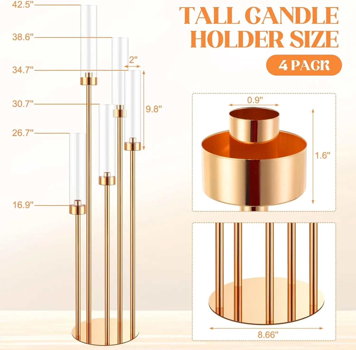 5-Arm Floor Candelabra 42.5 in (108 cm) Gold Metal Candle Holder with 5 Acrylic Shades for Wedding Centerpiece