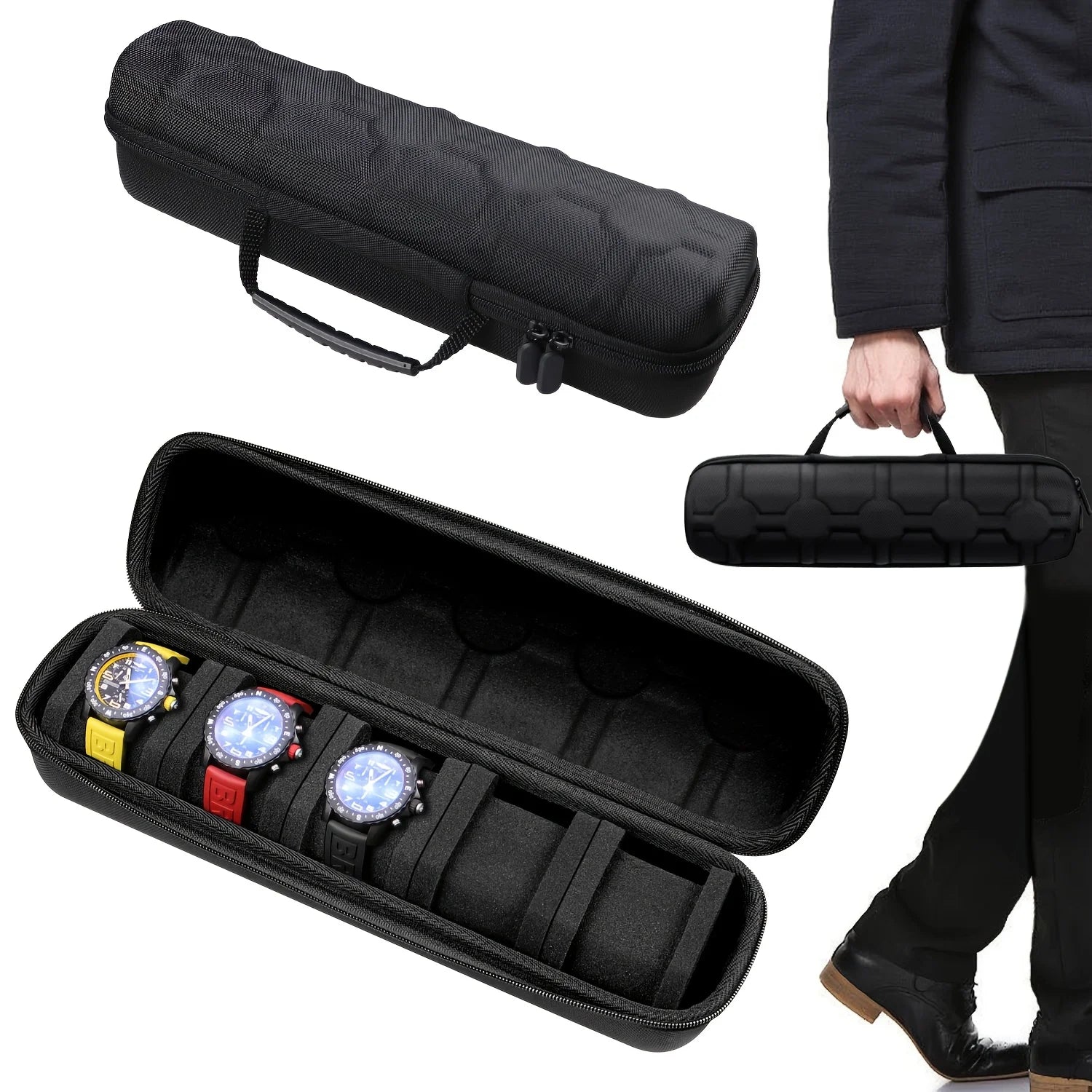 5-Slot Hard Shell Travel Watch Case with Pillow Inserts Black - Smartwatch Organizer Gift Box