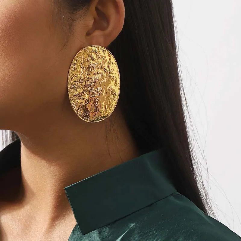 Large Gold Oval Geometric Stud Earrings - Textured Metal Statement Jewelry for Women