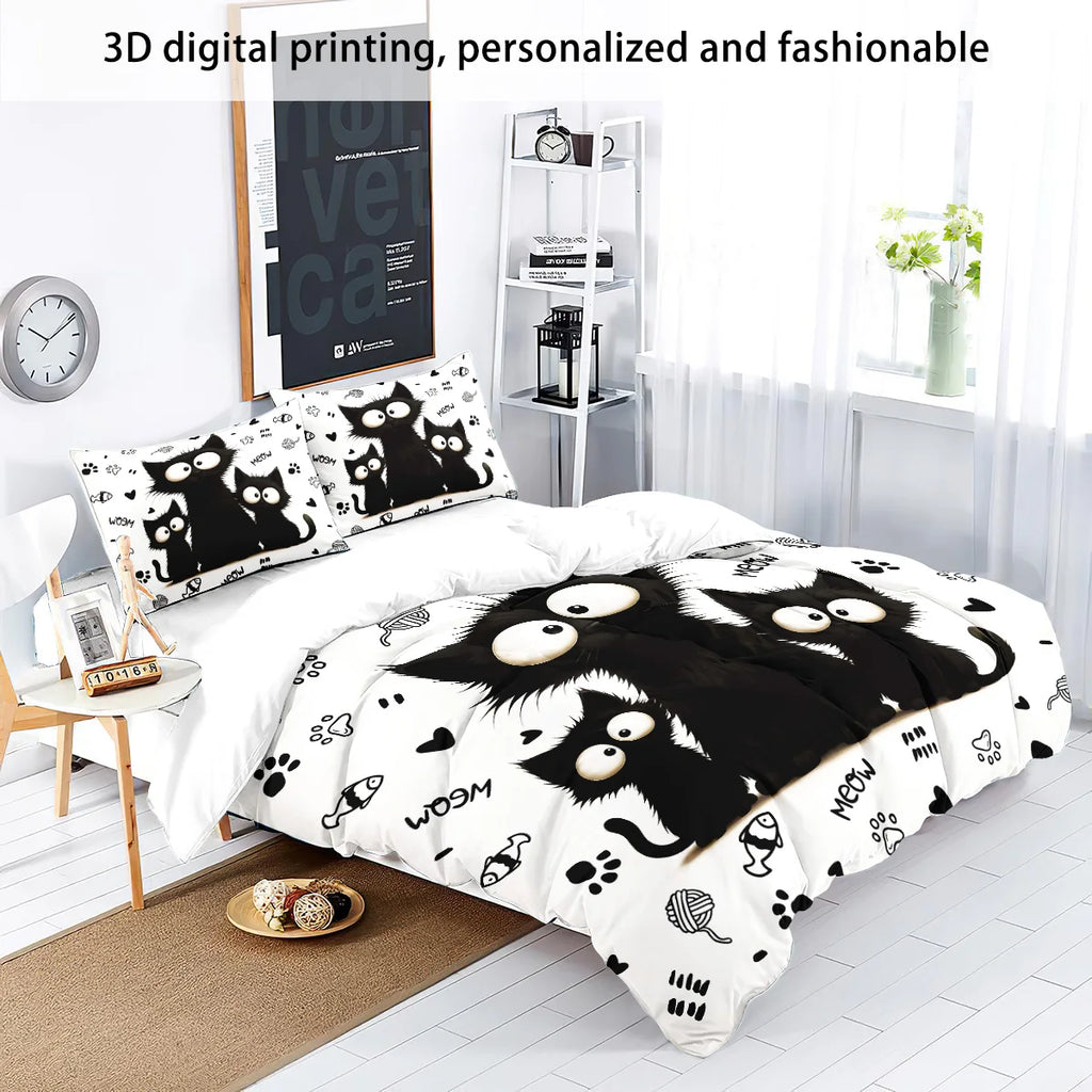 3-Piece Black Cat Printed Duvet Cover Bedding Set – 1 Duvet Cover + 2 Pillowcases, Multi-Size (1.0–2.8 m / 3.3–9 ft), Microfiber Polyester, Machine Washable