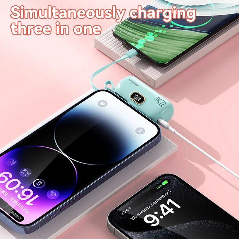50000mAh Mini Capsule Power Bank 22.5W Fast Charging Portable External Battery with Built-in Cables & Digital Display Compatible with iPhone Huawei Samsung
